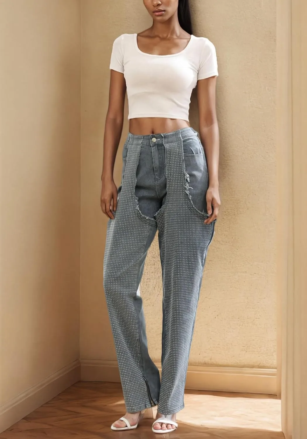 Tbahhir Women's Baggy Ripped Denim Jeans High Waisted Patchwork Boyfriend Wide Leg Distressed Stretchy Pants Y2K Streetwear