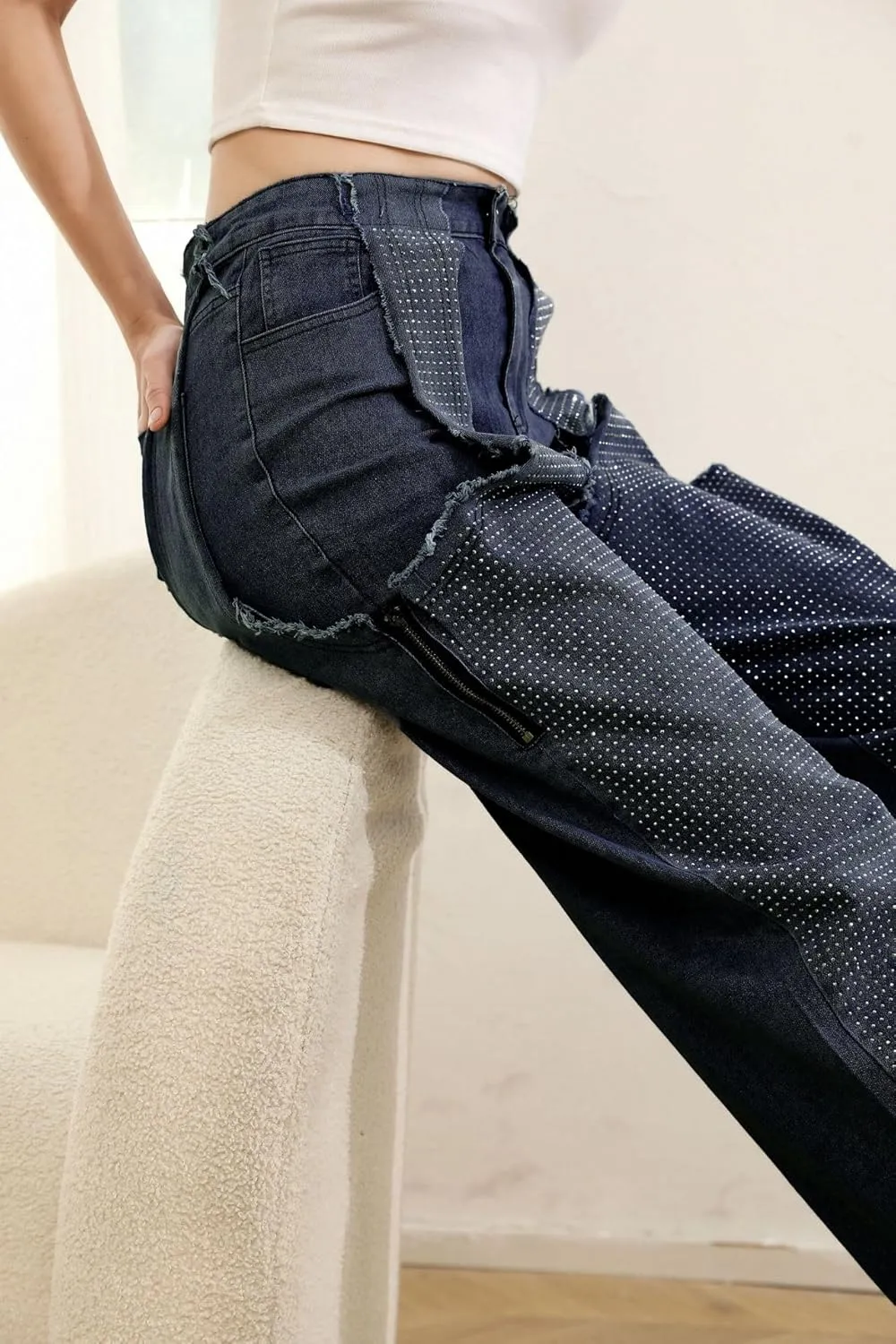 Tbahhir Women's Baggy Ripped Denim Jeans High Waisted Patchwork Boyfriend Wide Leg Distressed Stretchy Pants Y2K Streetwear