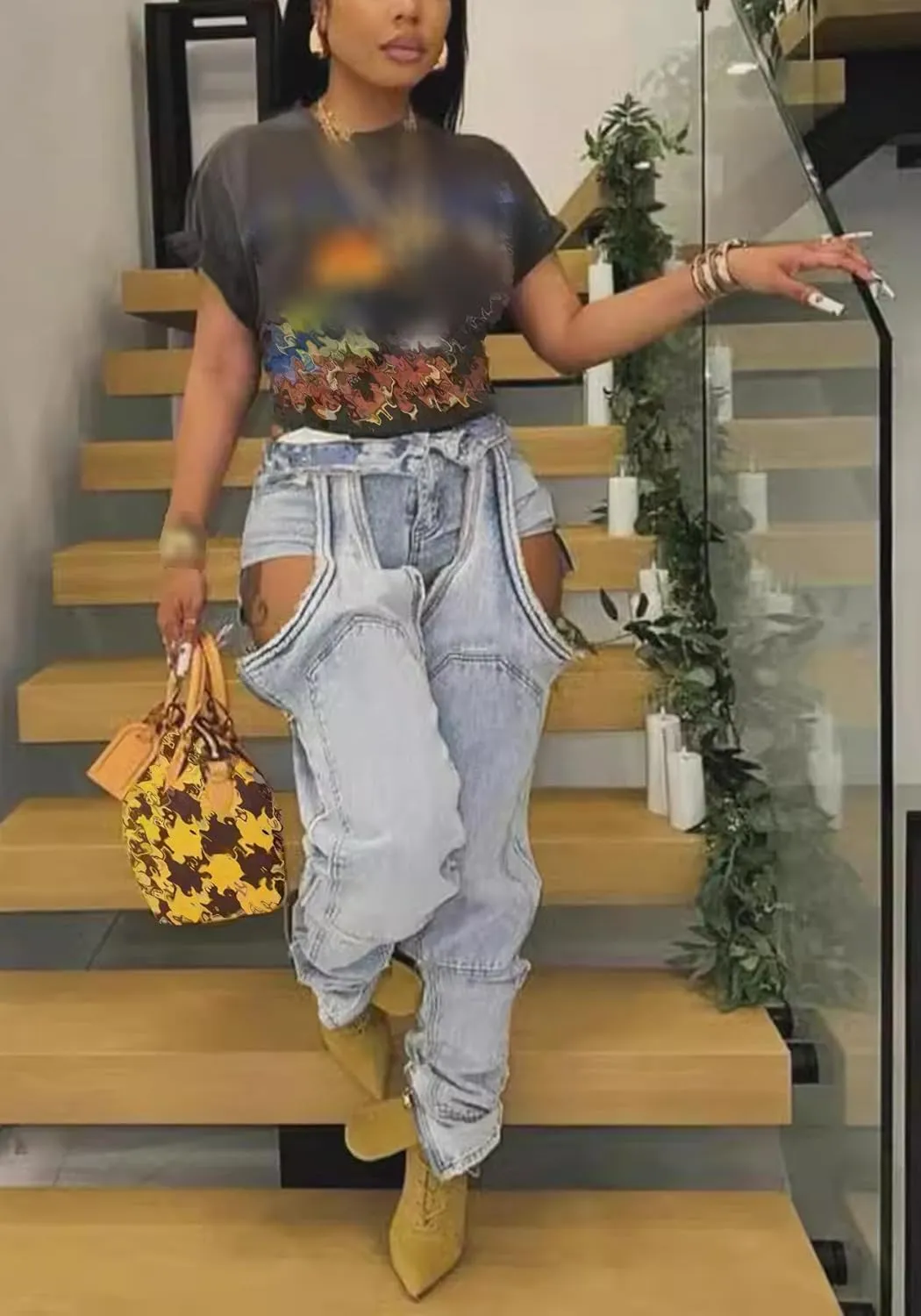 Tbahhir Women's Baggy Ripped Denim Jeans High Waisted Patchwork Boyfriend Wide Leg Distressed Stretchy Pants Y2K Streetwear
