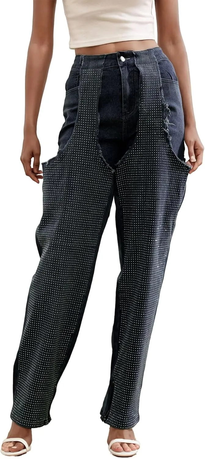 Tbahhir Women's Baggy Ripped Denim Jeans High Waisted Patchwork Boyfriend Wide Leg Distressed Stretchy Pants Y2K Streetwear
