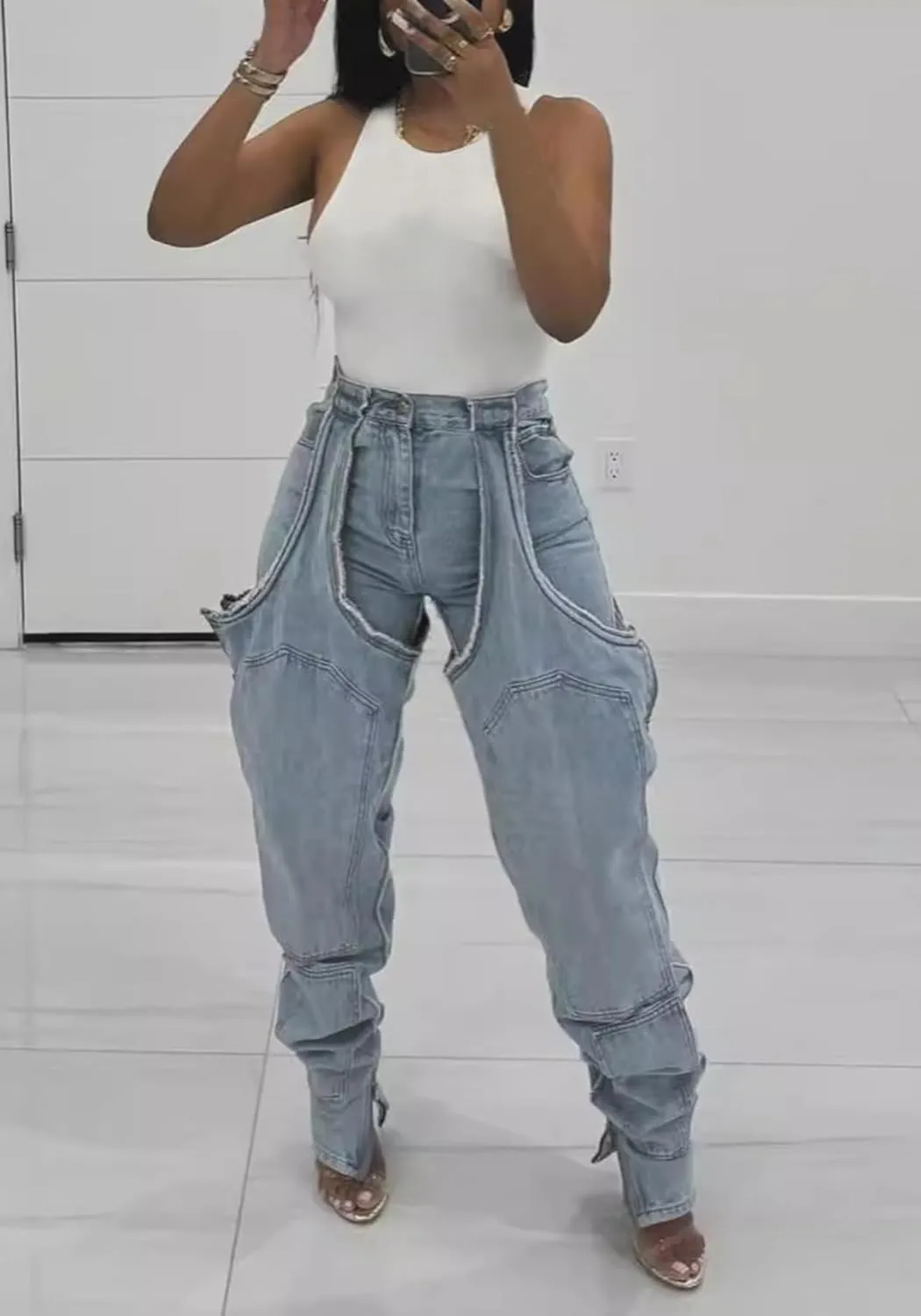 Tbahhir Women's Baggy Ripped Denim Jeans High Waisted Patchwork Boyfriend Wide Leg Distressed Stretchy Pants Y2K Streetwear