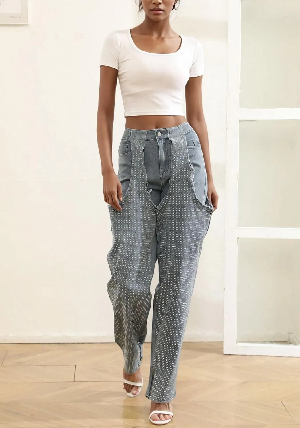 Tbahhir Women's Baggy Ripped Denim Jeans High Waisted Patchwork Boyfriend Wide Leg Distressed Stretchy Pants Y2K Streetwear