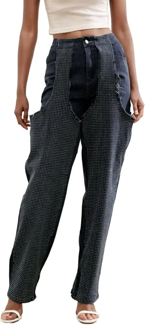 Tbahhir Women's Baggy Ripped Denim Jeans High Waisted Patchwork Boyfriend Wide Leg Distressed Stretchy Pants Y2K Streetwear