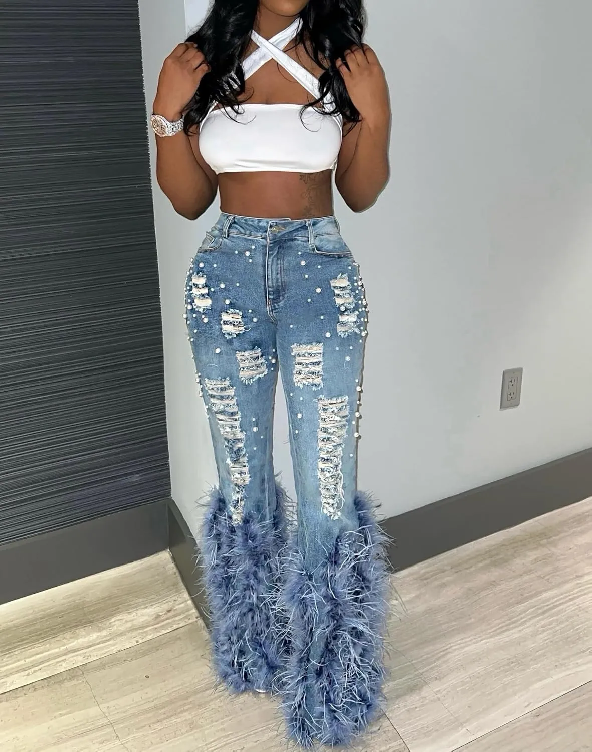 Tbahhir Women's Skinny Ripped Jeans Pearl Distressed Stretchy High Waisted Tassels Slim Fit Denim Pants Y2K Streetwear