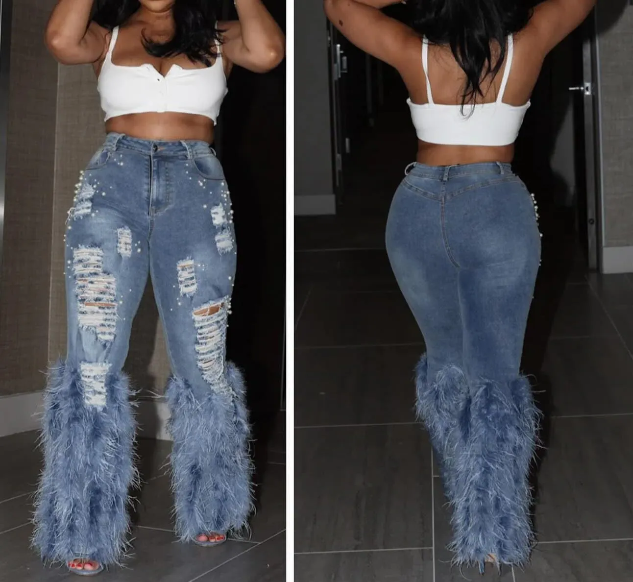Tbahhir Women's Skinny Ripped Jeans Pearl Distressed Stretchy High Waisted Tassels Slim Fit Denim Pants Y2K Streetwear