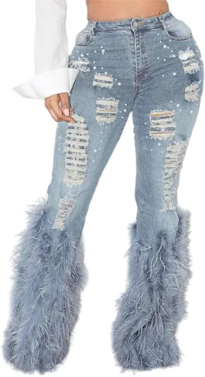 Tbahhir Women's Skinny Ripped Jeans Pearl Distressed Stretchy High Waisted Tassels Slim Fit Denim Pants Y2K Streetwear