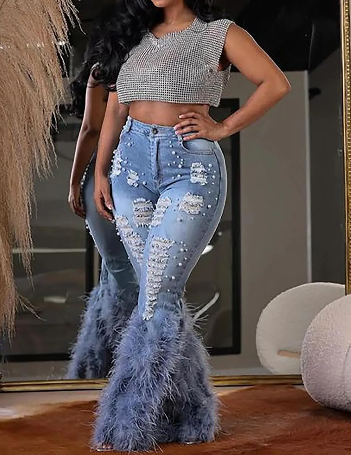 Tbahhir Women's Skinny Ripped Jeans Pearl Distressed Stretchy High Waisted Tassels Slim Fit Denim Pants Y2K Streetwear