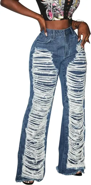 Tcremisa Women's Distressed Ripped Jeans High Waisted Destoryed Frayed Raw Hem Fringe Straight Wide Leg Denim Pants