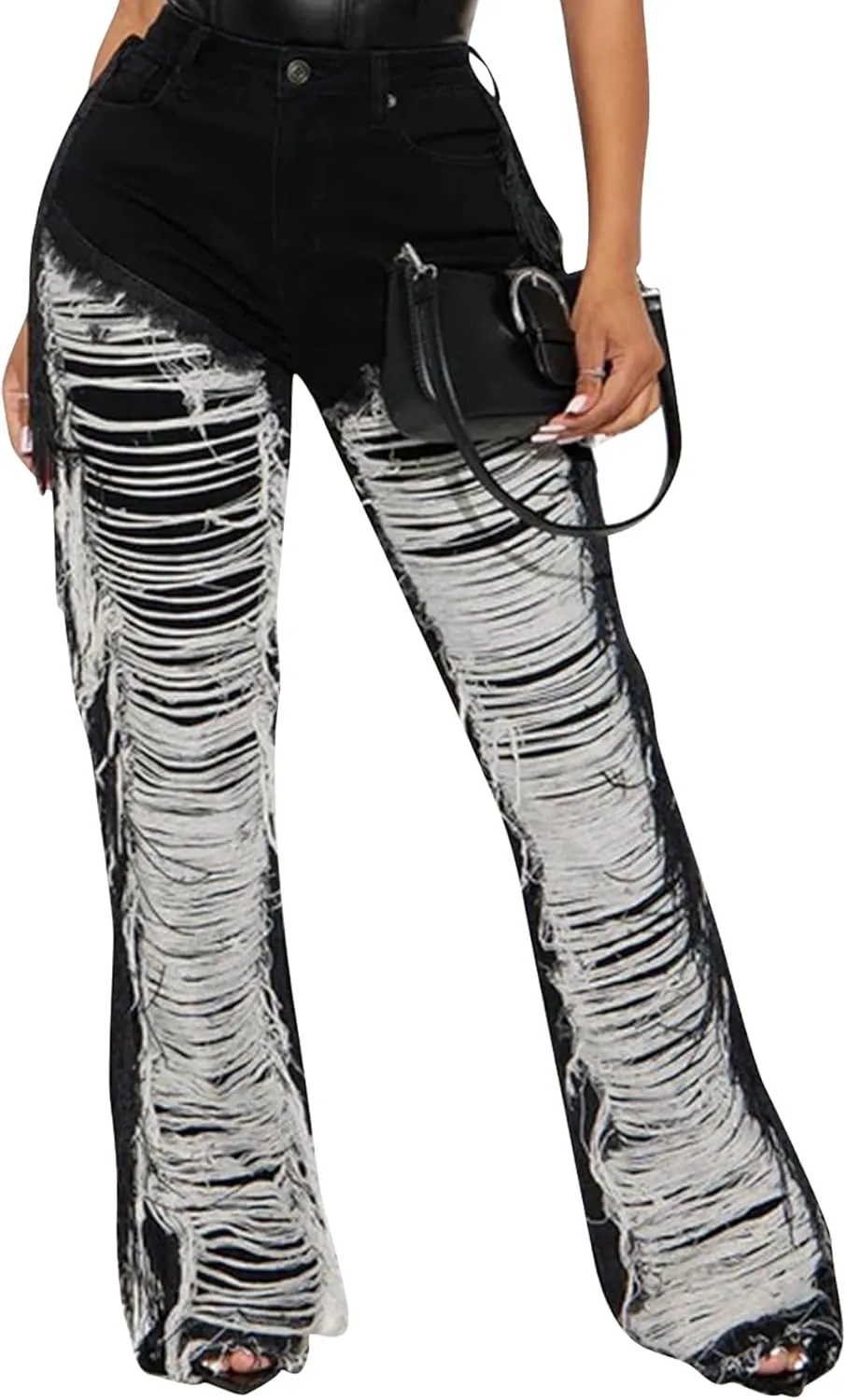 Tcremisa Women's Distressed Ripped Jeans High Waisted Destoryed Frayed Raw Hem Fringe Straight Wide Leg Denim Pants