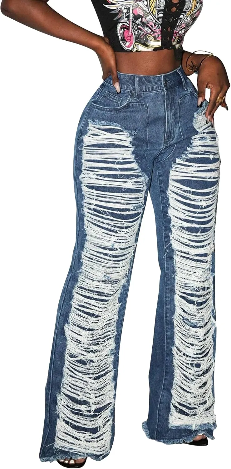 Tcremisa Women's Distressed Ripped Jeans High Waisted Destoryed Frayed Raw Hem Fringe Straight Wide Leg Denim Pants