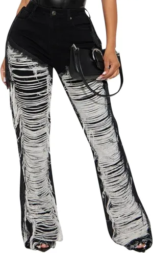 Tcremisa Women's Distressed Ripped Jeans High Waisted Destoryed Frayed Raw Hem Fringe Straight Wide Leg Denim Pants