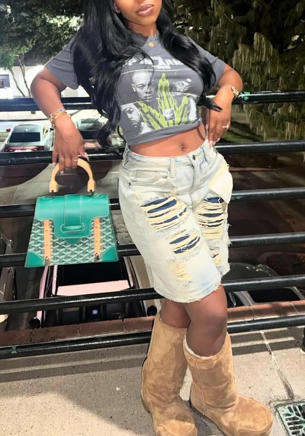 Tcremisa Womens Fashion Distressed Ripped Jeans Shorts High Waisted Y2k Baggy Destoryed Straight Leg Denim Short