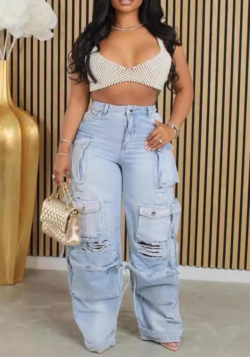 Tcremisa Women's Y2K Baggy Jeans Casual High Waist Multi Pockets Distressed Ripped Denim Cargo Pants Streetwear