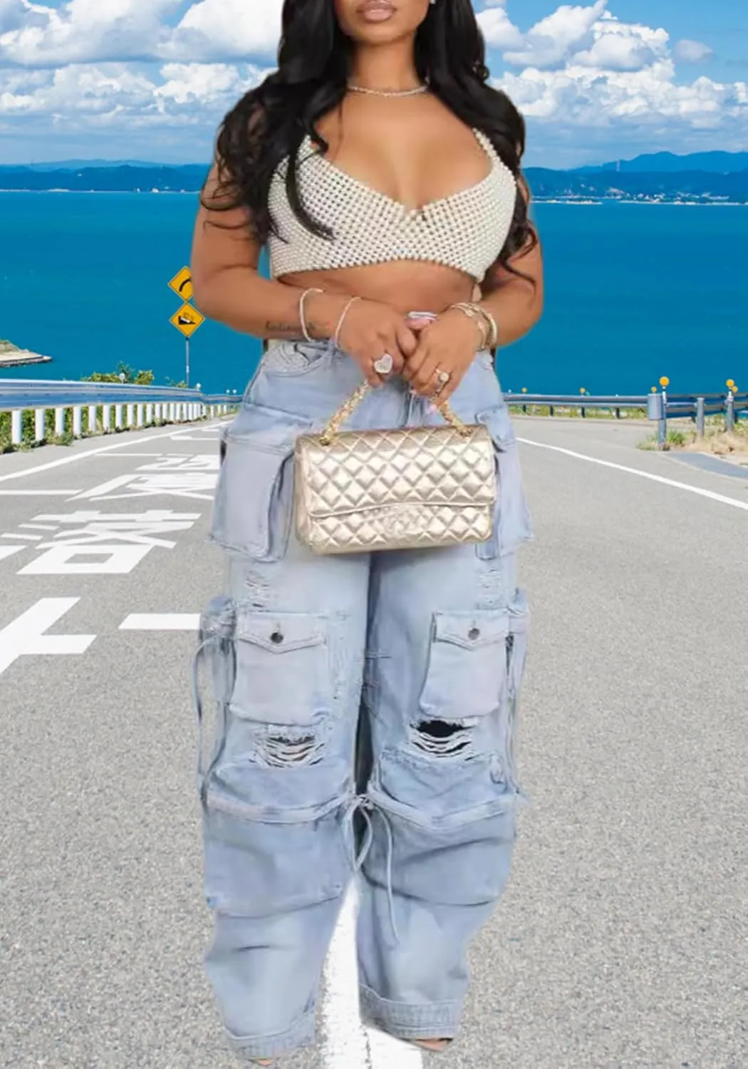 Tcremisa Women's Y2K Baggy Jeans Casual High Waist Multi Pockets Distressed Ripped Denim Cargo Pants Streetwear
