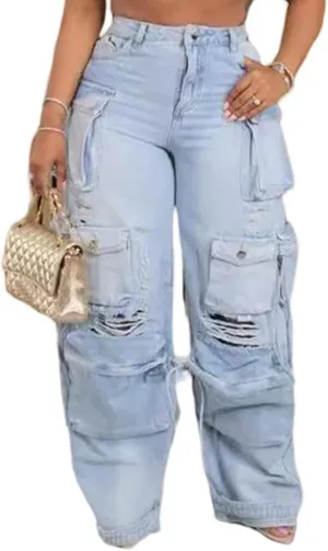 Tcremisa Women's Y2K Baggy Jeans Casual High Waist Multi Pockets Distressed Ripped Denim Cargo Pants Streetwear