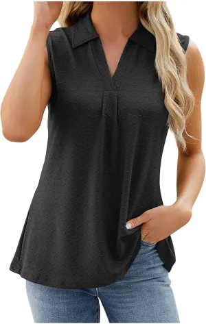 Trendy Eyelet Tops for Women Sleeveless V Neck Tank Top Pleated Front Dressy Blouses Casual Loose Business Work Shirts