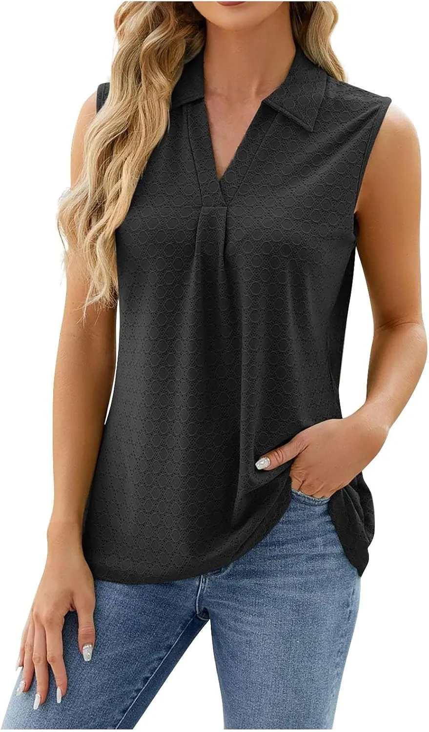 Trendy Eyelet Tops for Women Sleeveless V Neck Tank Top Pleated Front Dressy Blouses Casual Loose Business Work Shirts