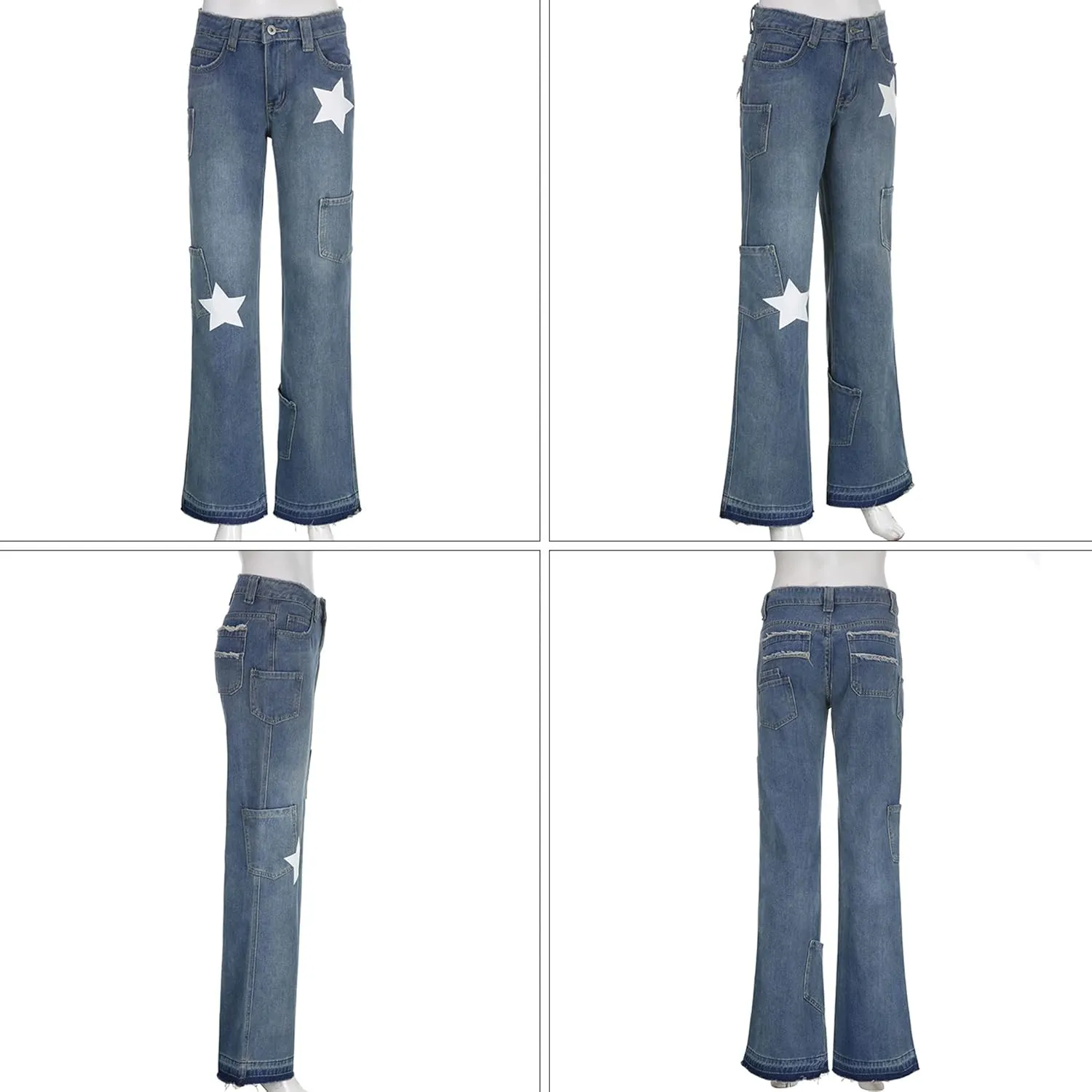 TSMNZMU Womens Low Waist Baggy Jeans Star Print Y2K Streetwear Denim Pants E-Girl 90s Cute Flare Wide Leg Boyfriend Jeans