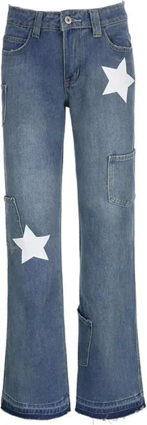 TSMNZMU Womens Low Waist Baggy Jeans Star Print Y2K Streetwear Denim Pants E-Girl 90s Cute Flare Wide Leg Boyfriend Jeans