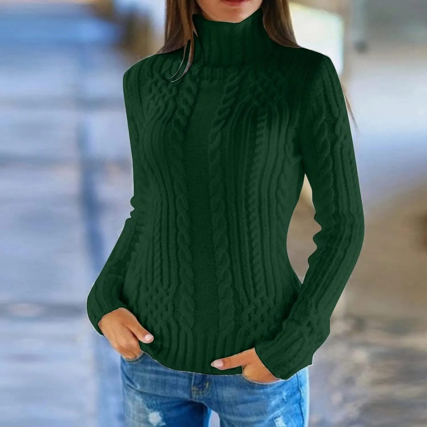 Turtleneck Sweater Women Cozy Cable Knit Sweaters Plus Size Tunic Pullover Jumper Tops