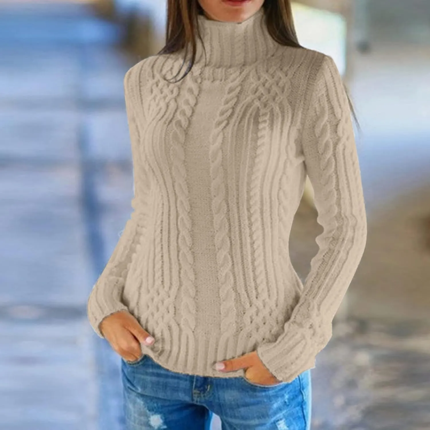 Turtleneck Sweater Women Cozy Cable Knit Sweaters Plus Size Tunic Pullover Jumper Tops