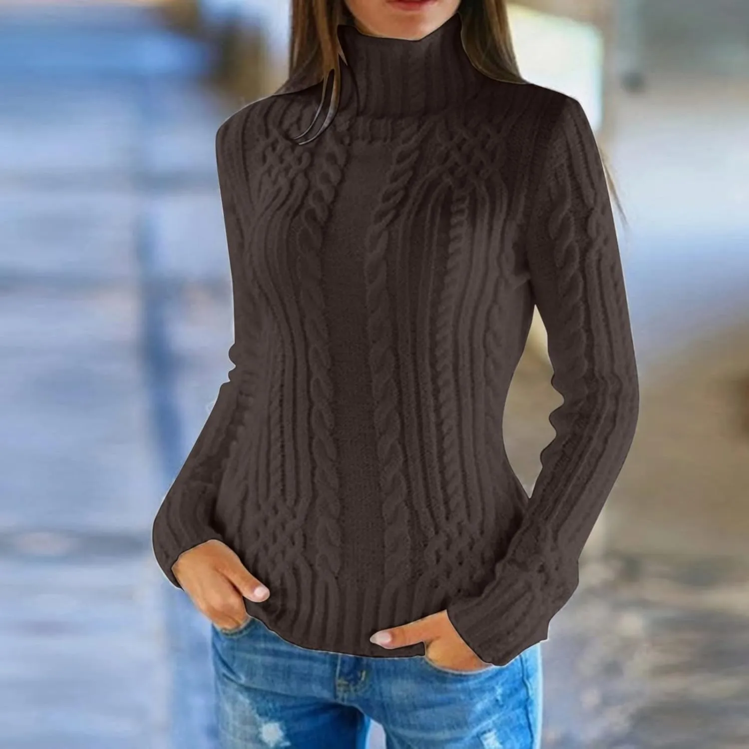 Turtleneck Sweater Women Cozy Cable Knit Sweaters Plus Size Tunic Pullover Jumper Tops
