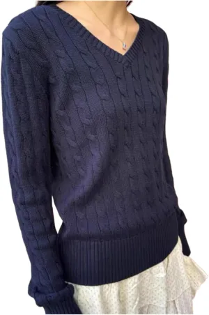 V Neck Sweater Pullover Knit Sweater Y2k Women Cable Knit Sweaters Oversized Preppy Sweater