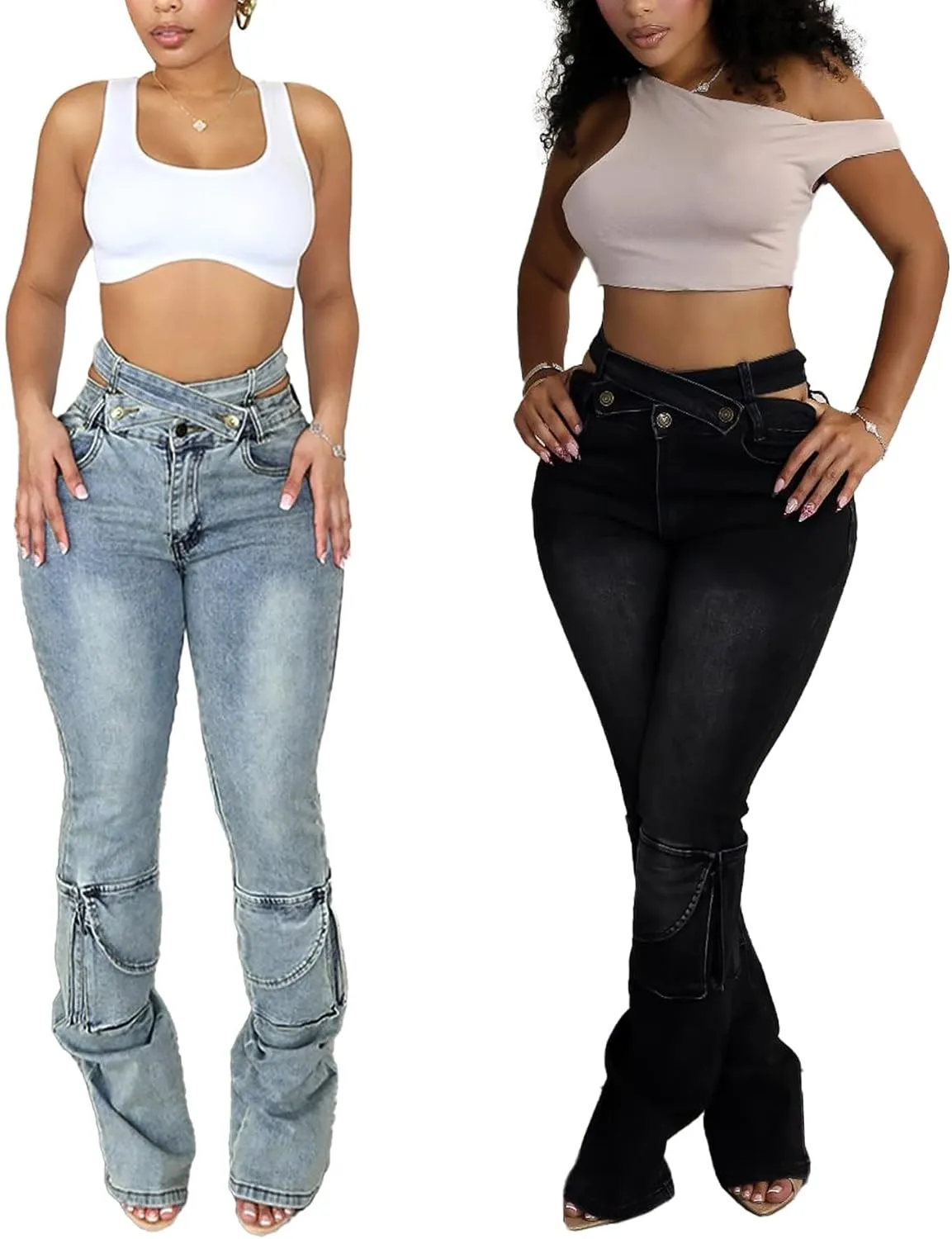 Vakkest Sexy High Waisted Skinny Jeans for Women Bodycon Crossover Stretchy Denim Cargo Pants Streetwear with Pockets
