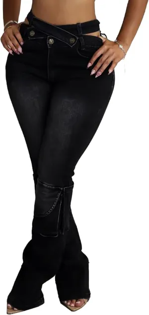 Vakkest Sexy High Waisted Skinny Jeans for Women Bodycon Crossover Stretchy Denim Cargo Pants Streetwear with Pockets