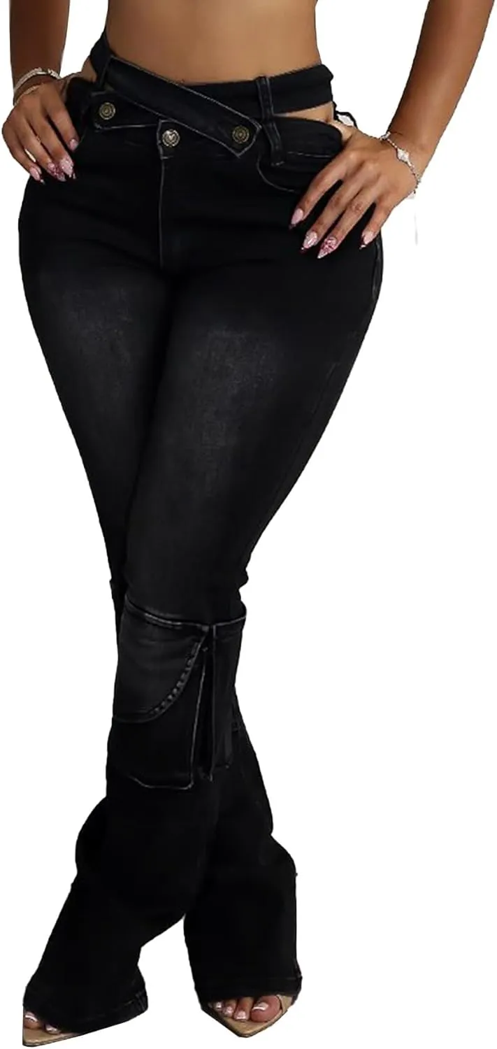 Vakkest Sexy High Waisted Skinny Jeans for Women Bodycon Crossover Stretchy Denim Cargo Pants Streetwear with Pockets