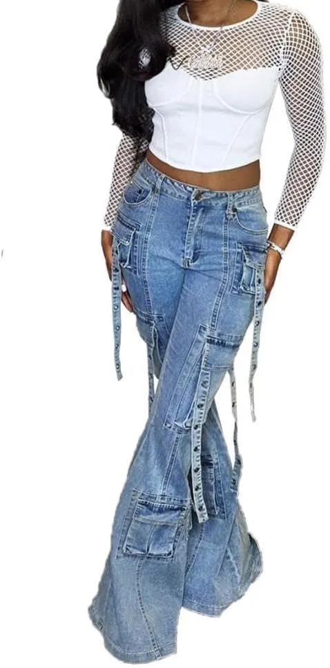 Vakkest Sexy High Waisted Skinny Jeans for Women Bodycon Crossover Stretchy Denim Cargo Pants Streetwear with Pockets