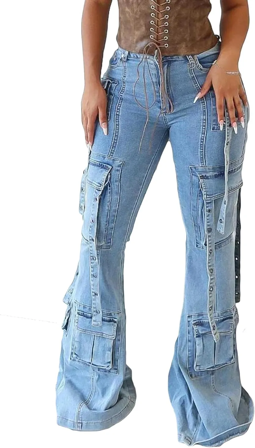 Vakkest Sexy High Waisted Skinny Jeans for Women Bodycon Crossover Stretchy Denim Cargo Pants Streetwear with Pockets
