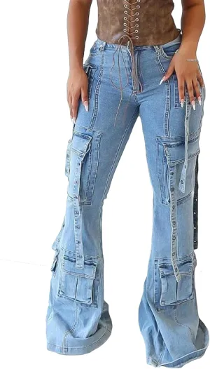Vakkest Sexy High Waisted Skinny Jeans for Women Bodycon Crossover Stretchy Denim Cargo Pants Streetwear with Pockets