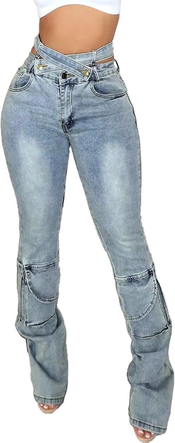 Vakkest Sexy High Waisted Skinny Jeans for Women Bodycon Crossover Stretchy Denim Cargo Pants Streetwear with Pockets