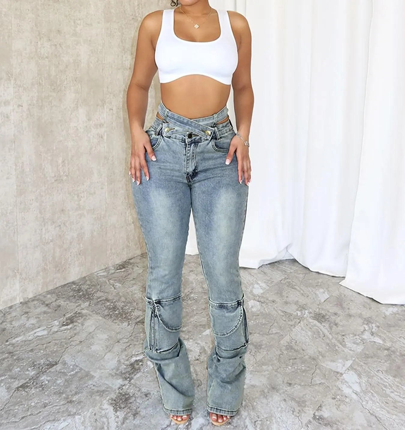Vakkest Sexy High Waisted Skinny Jeans for Women Bodycon Crossover Stretchy Denim Cargo Pants Streetwear with Pockets
