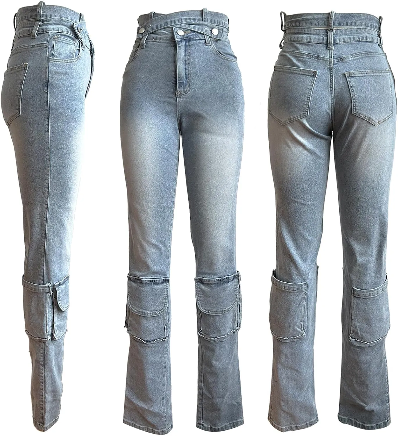 Vakkest Sexy High Waisted Skinny Jeans for Women Bodycon Crossover Stretchy Denim Cargo Pants Streetwear with Pockets