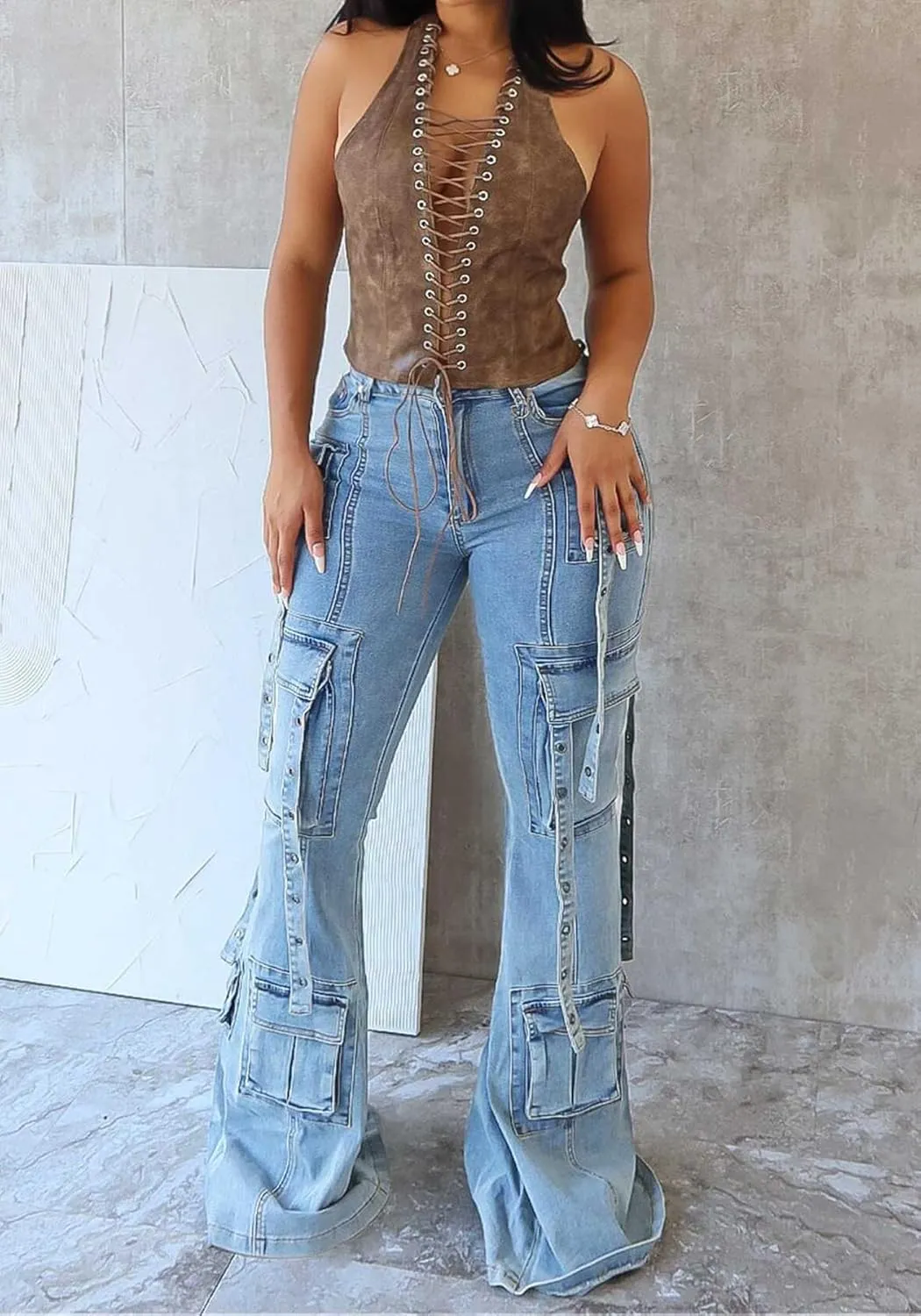 Vakkest Sexy High Waisted Skinny Jeans for Women Bodycon Crossover Stretchy Denim Cargo Pants Streetwear with Pockets