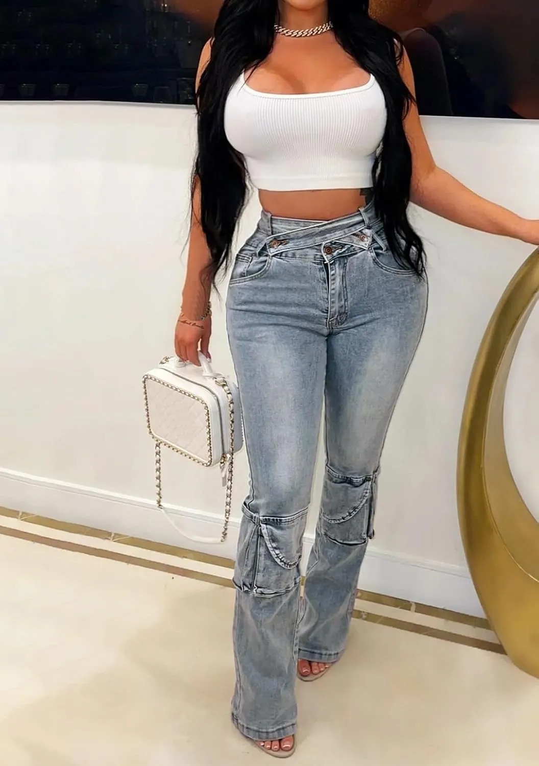 Vakkest Sexy High Waisted Skinny Jeans for Women Bodycon Crossover Stretchy Denim Cargo Pants Streetwear with Pockets