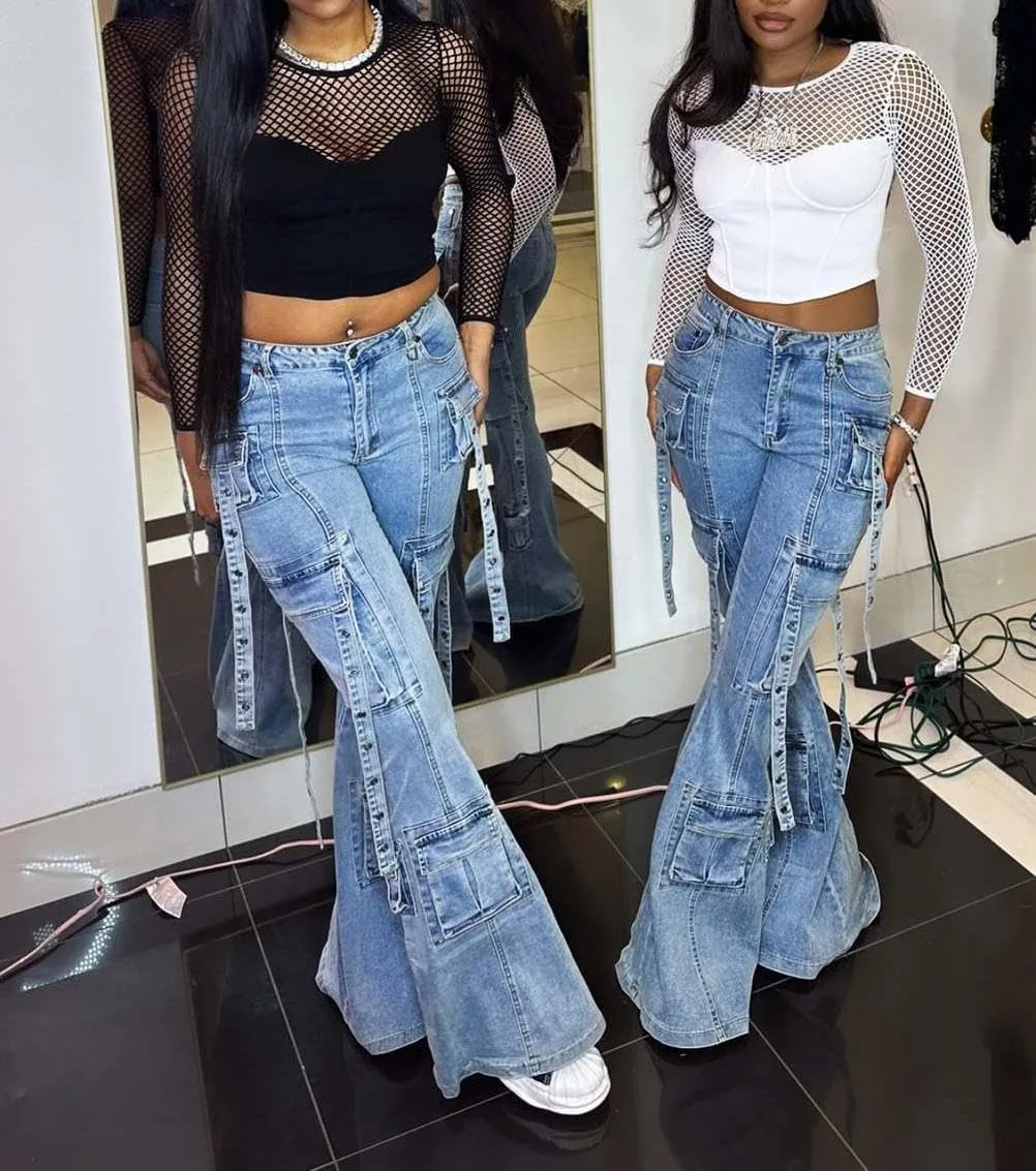Vakkest Sexy High Waisted Skinny Jeans for Women Bodycon Crossover Stretchy Denim Cargo Pants Streetwear with Pockets