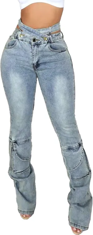 Vakkest Sexy High Waisted Skinny Jeans for Women Bodycon Crossover Stretchy Denim Cargo Pants Streetwear with Pockets