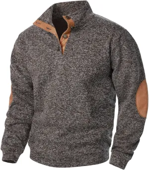 Vintage Polo Sweatshirt for Men 2024 Trendy Stand Collar Long Sleeve Patterned Pullover Elbow Patch Button Casual Top