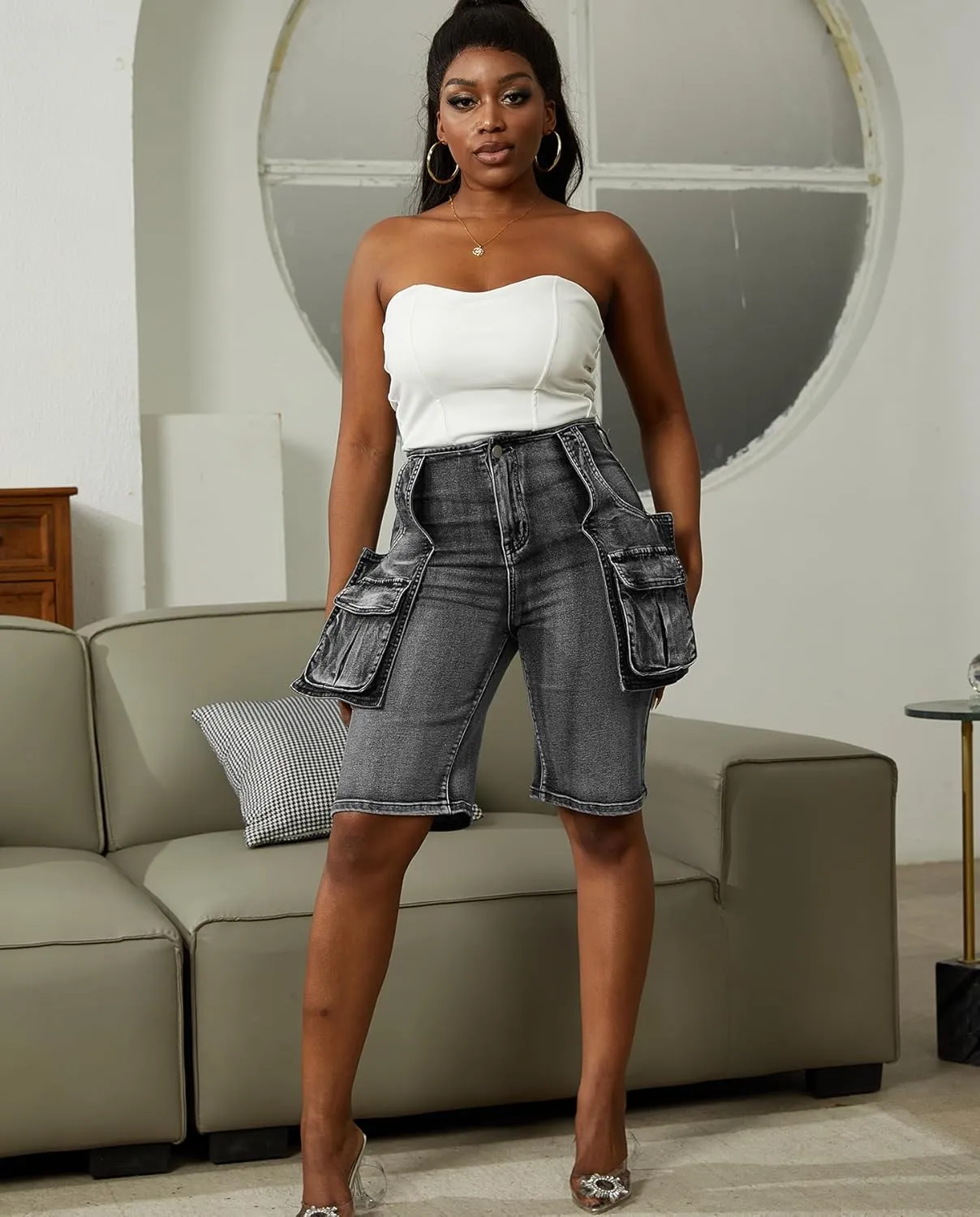 Voghtic Womens Jean Shorts Cargo High Waisted Stretchy Distressed Denim Bermuda Shorts with Pockets