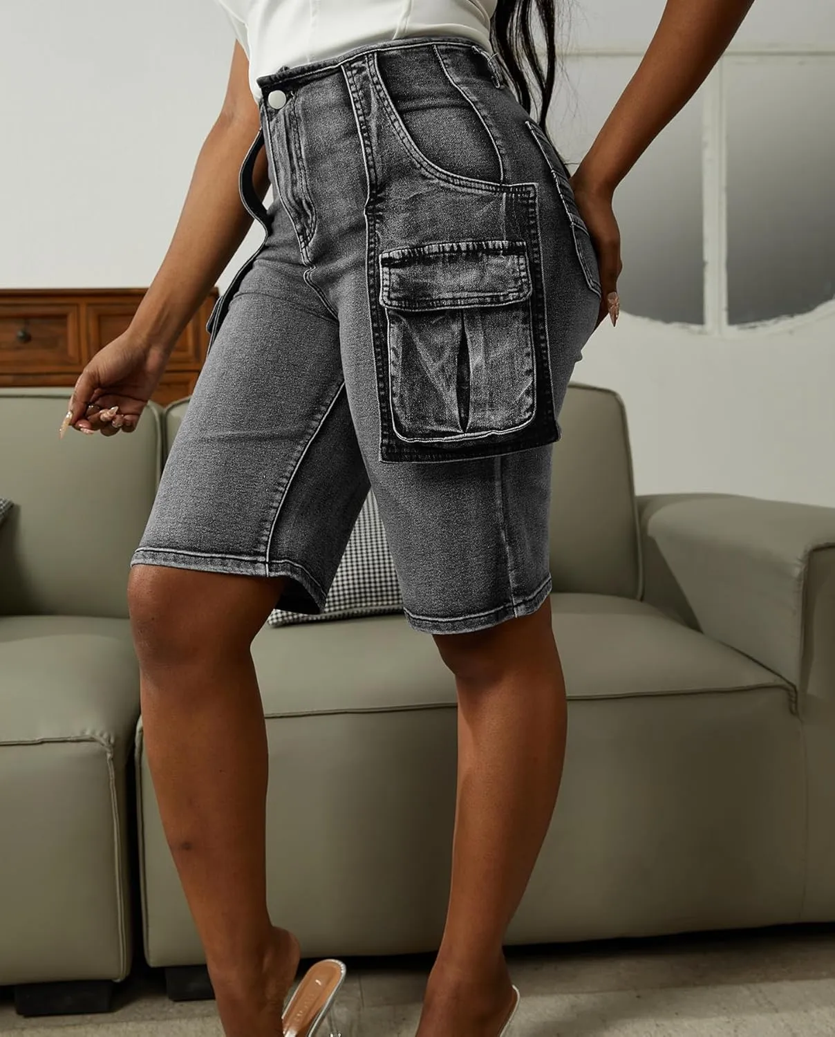 Voghtic Womens Jean Shorts Cargo High Waisted Stretchy Distressed Denim Bermuda Shorts with Pockets