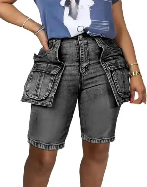 Voghtic Womens Jean Shorts Cargo High Waisted Stretchy Distressed Denim Bermuda Shorts with Pockets