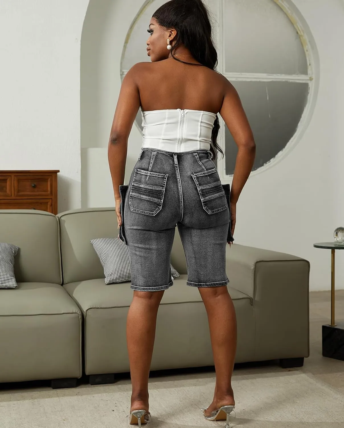Voghtic Womens Jean Shorts Cargo High Waisted Stretchy Distressed Denim Bermuda Shorts with Pockets