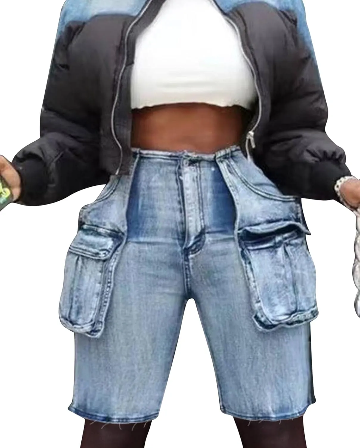 Voghtic Womens Jean Shorts Cargo High Waisted Stretchy Distressed Denim Bermuda Shorts with Pockets