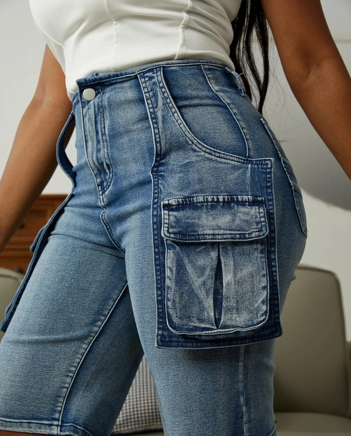 Voghtic Womens Jean Shorts Cargo High Waisted Stretchy Distressed Denim Bermuda Shorts with Pockets