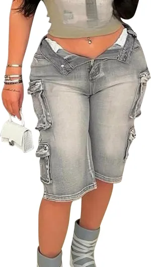 Voghtic Womens Jean Shorts Cargo High Waisted Stretchy Distressed Denim Bermuda Shorts with Pockets