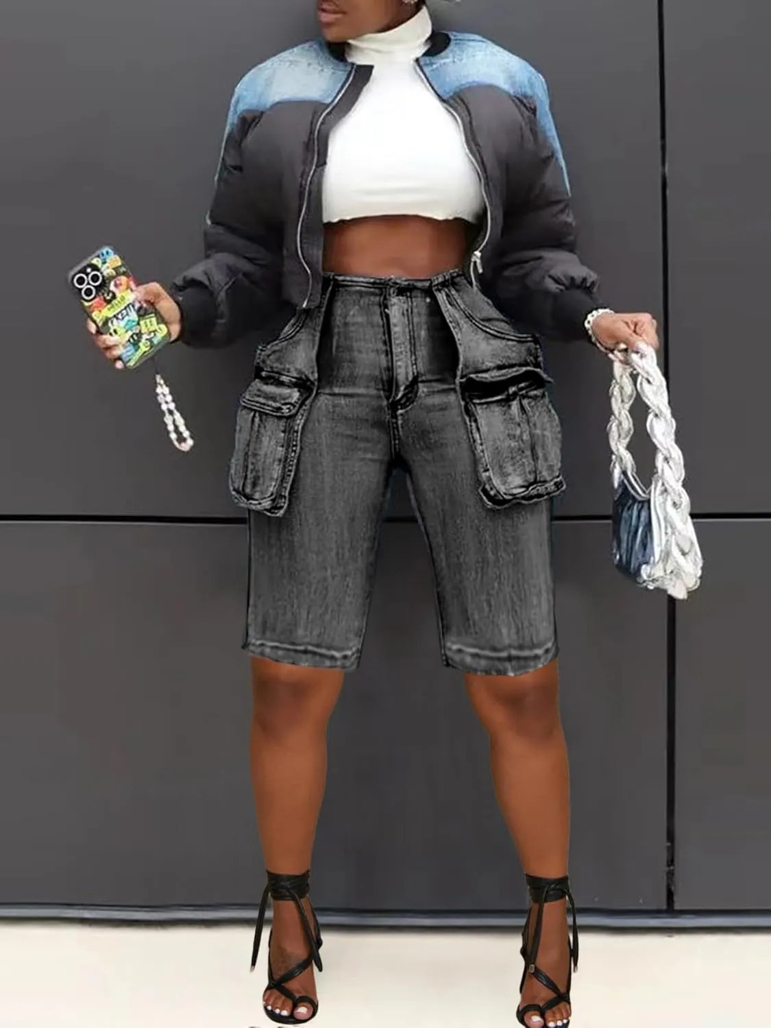 Voghtic Womens Jean Shorts Cargo High Waisted Stretchy Distressed Denim Bermuda Shorts with Pockets