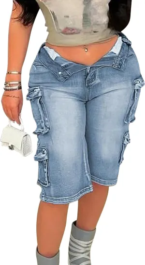 Voghtic Womens Jean Shorts Cargo High Waisted Stretchy Distressed Denim Bermuda Shorts with Pockets
